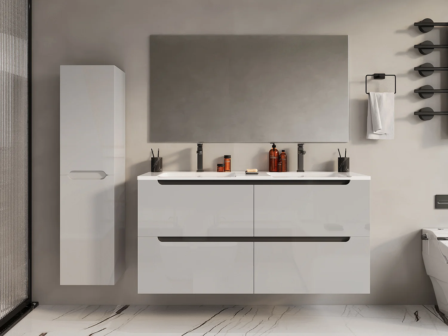 Zwevend wastafelmeubel met dubbel inbouwbekken en kast – Wit – 120 cm – SELITA – Koop nu