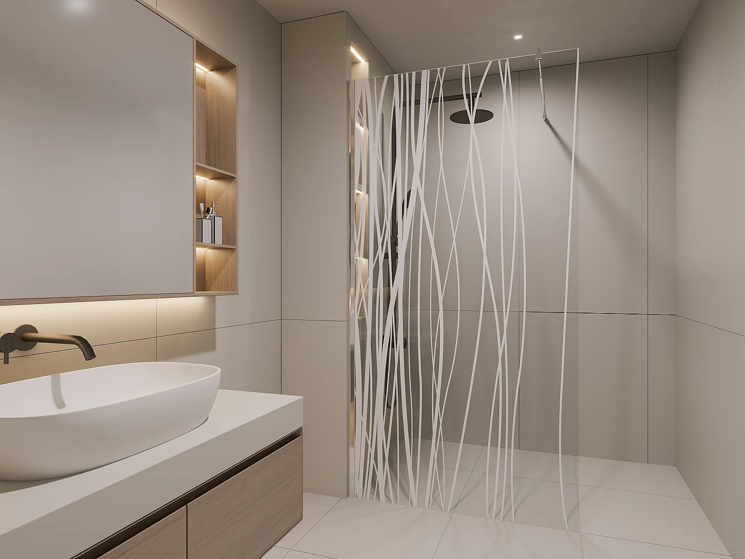 Wand voor inloopdouche DANNA met zeefdruk – 140 x 200 cm