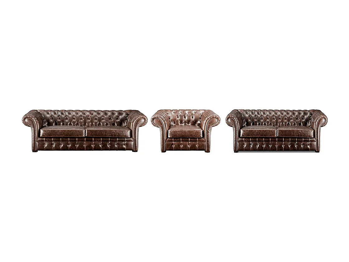 Driezits-, tweezitsbank en fauteuilchesterfield CLOTAIRE van leer met lived-in aspect