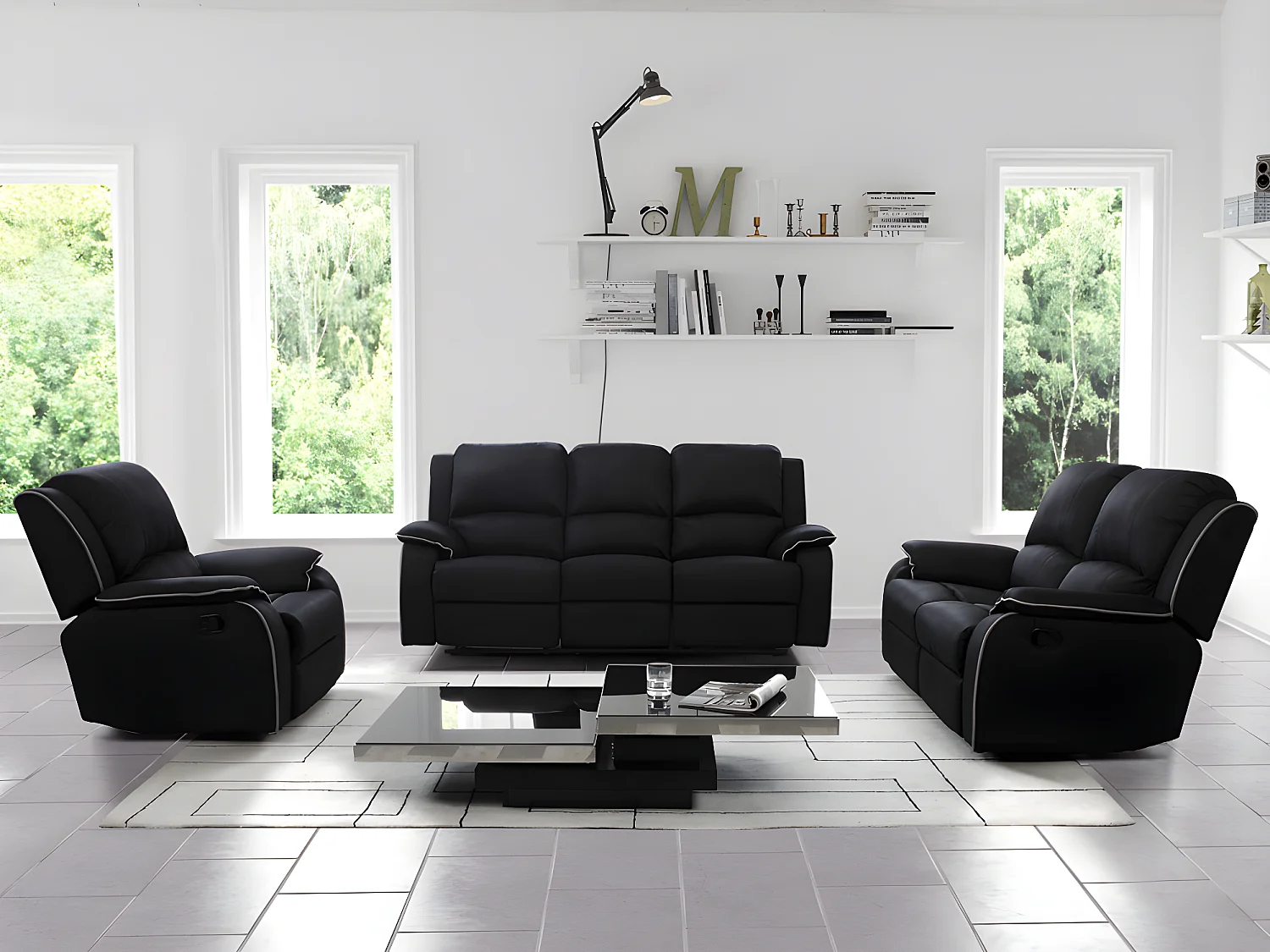 3+Tweezits relaxbank en relaxfauteuilvan microvezel HERNANI – Zwart