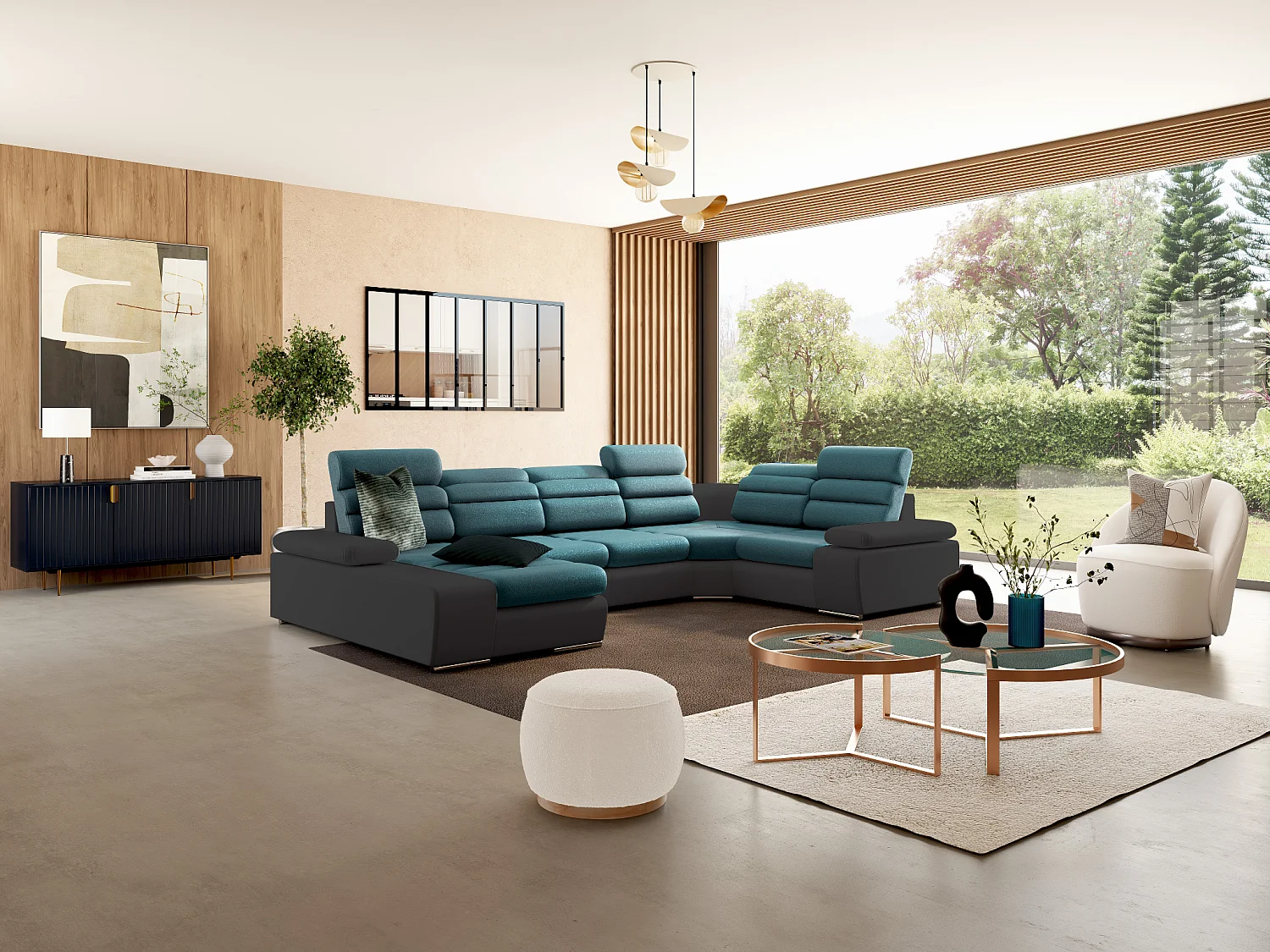 XXL hoekbedbank van stof en kunstleer BOILEAU – Tweekleurig turquoise/antraciet – Hoek links
