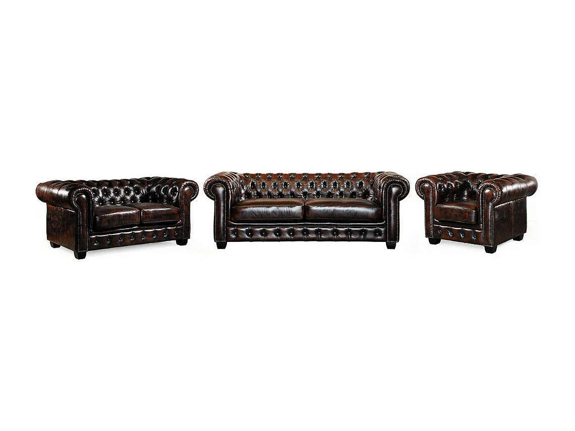 Driezits- en tweezitsbank en fauteuil Chesterfield BRENTON leer bruin