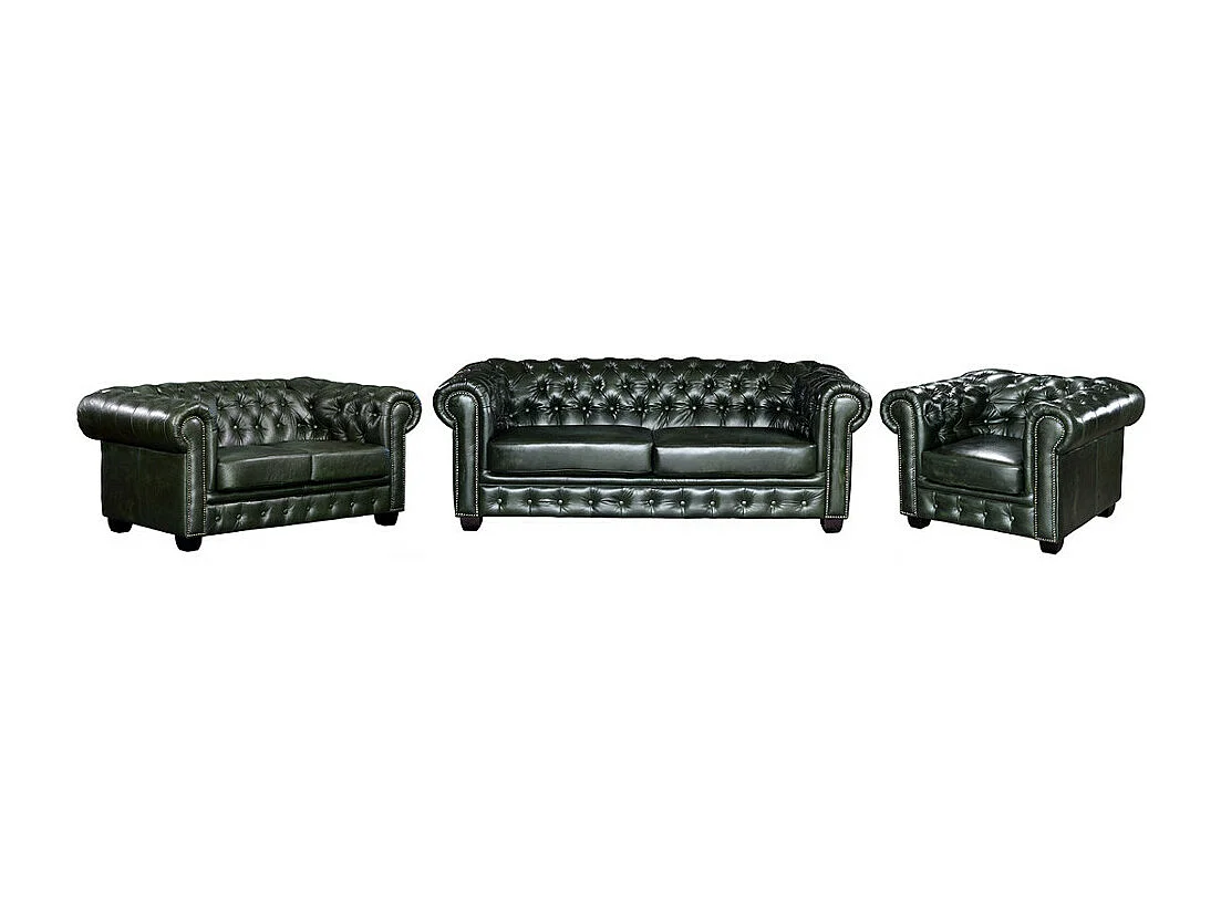 Driezits- en tweezitsbank en fauteuil Chesterfield BRENTON leer groen