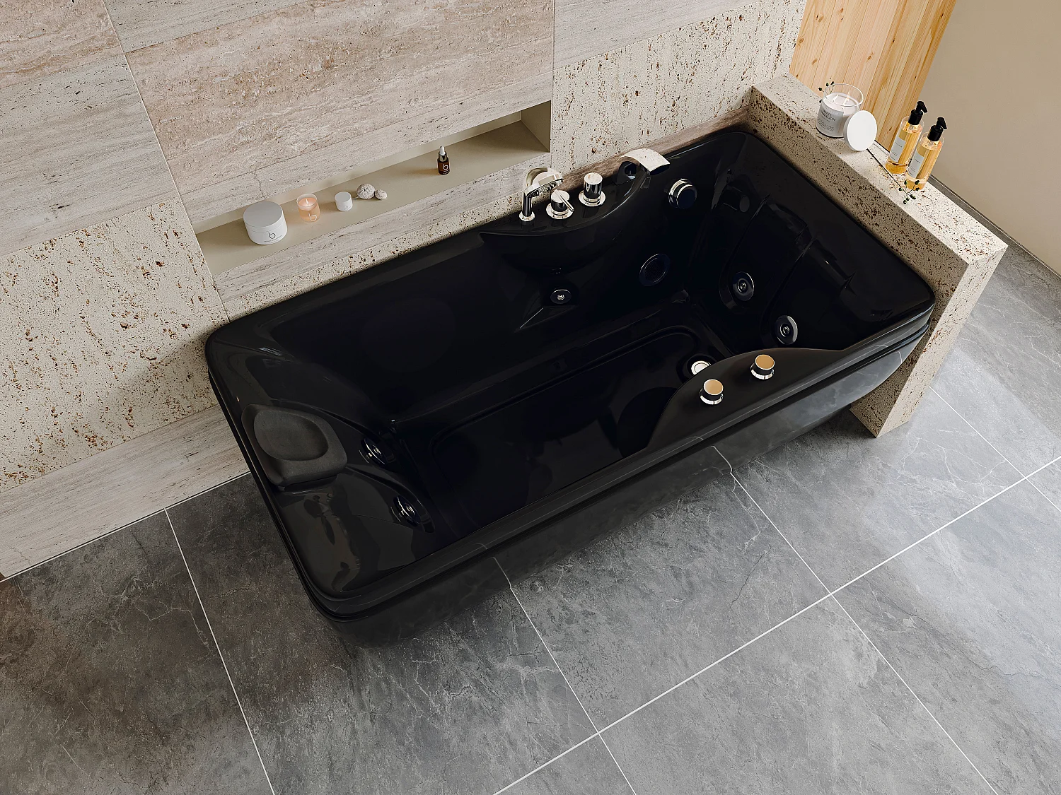 Bubbelbad van zwart acryl met hoek rechts, 1 plaats, 150 x 75 x 54,5 cm, 750W, GAVINO