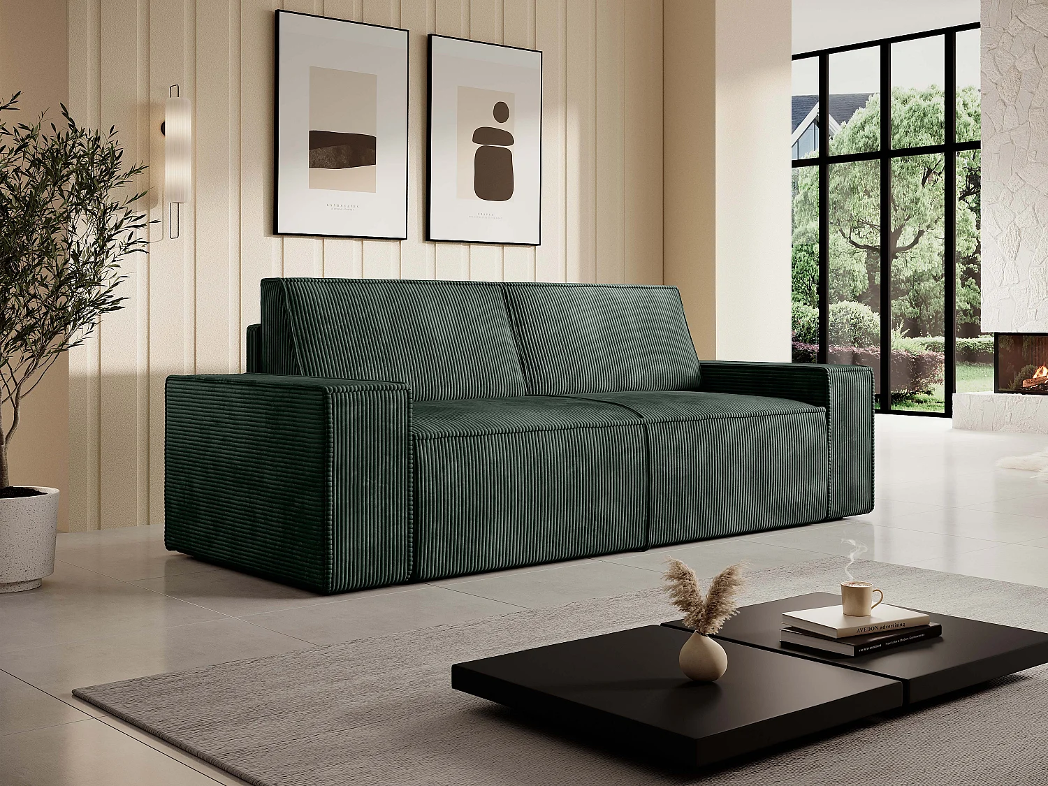 Zitbank – 3 plaatsen – Groen ribfluweel – Design – AMELIA