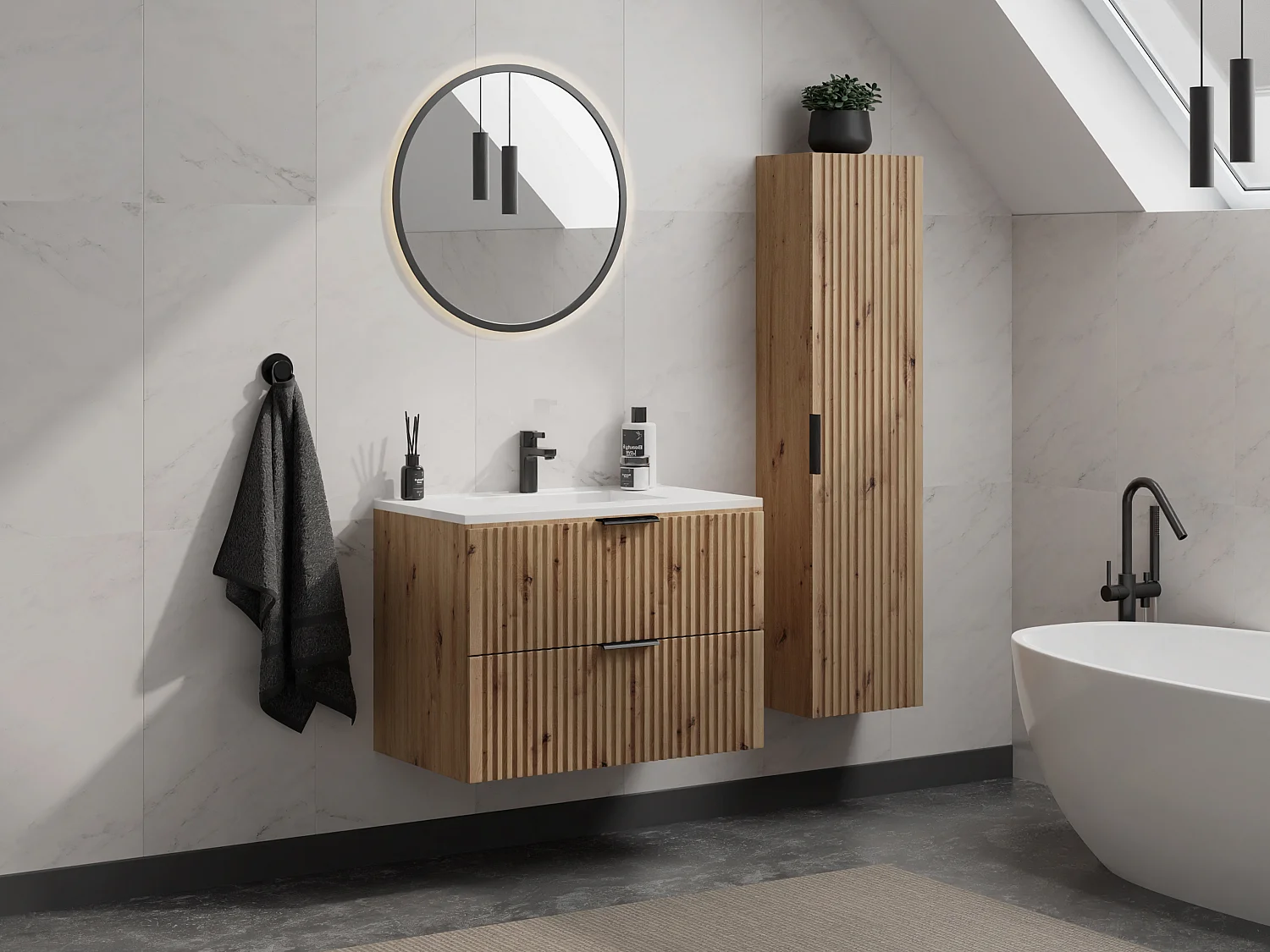 Badkamermeubel met inbouwwastafel en kolomkast, lichte houtlook, 80 cm, ZEVARA