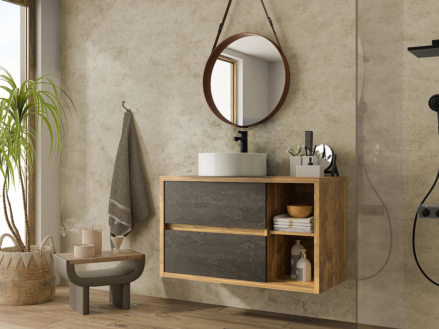 Badkamermeubel met ronde waskom, houtlook en donkergrijs, 100 cm, TIKITIKI