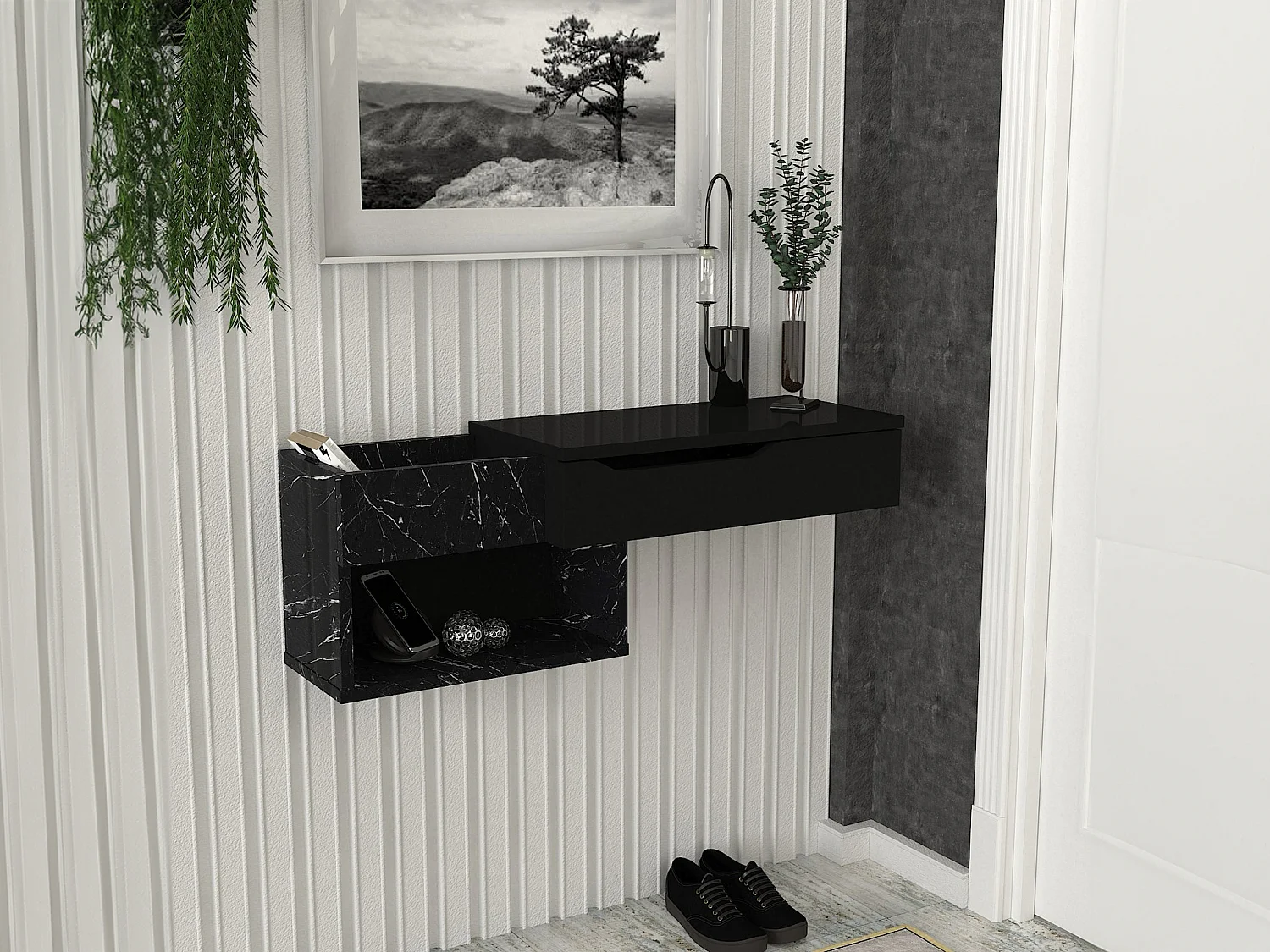 Zwevende sidetable met 1 lade en 2 nissen – Zwarte marmerlook – DAREKA
