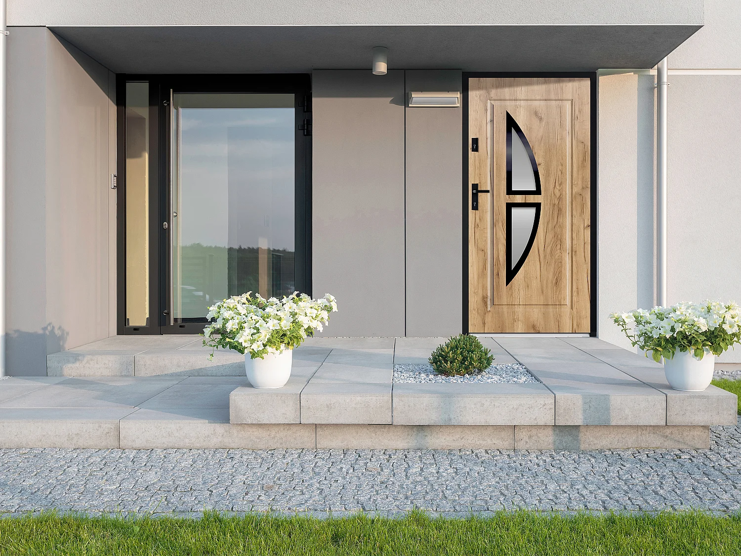 Voordeur in staal met glas H207 x L100 cm eikenlook Draait rechts open COVAS