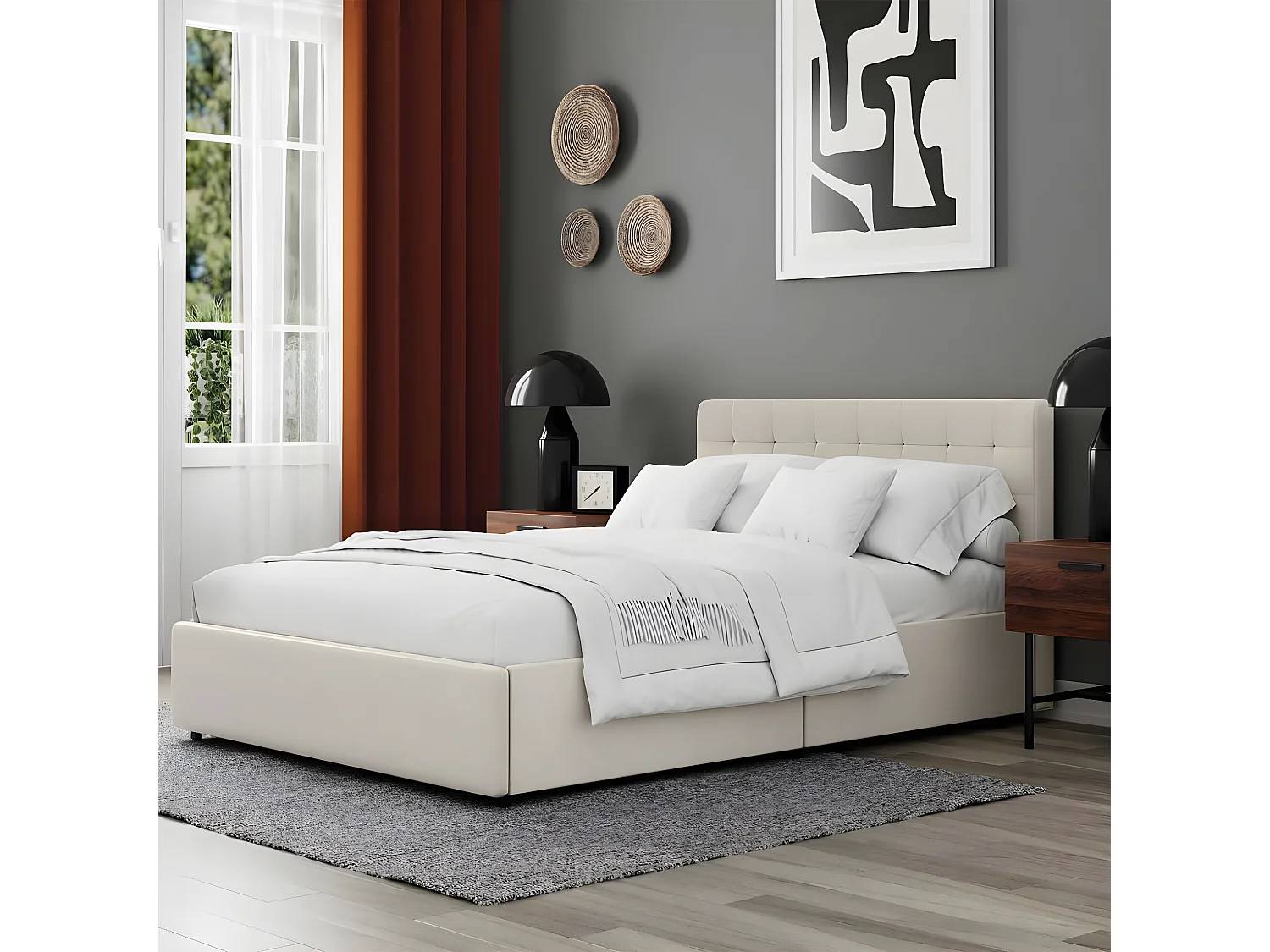 Bed met lades en gecapitonneerd hoofdbord – slaapmaat 140×190 cm – beige fluweel – lattenbodem inbegrepen – ELLIE