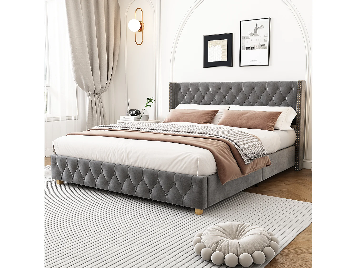Volwassen bed 140 x 190 cm met hoofdbord, fluwelen gestoffeerd bed, knoop- en klinknageldecoratie, grijs