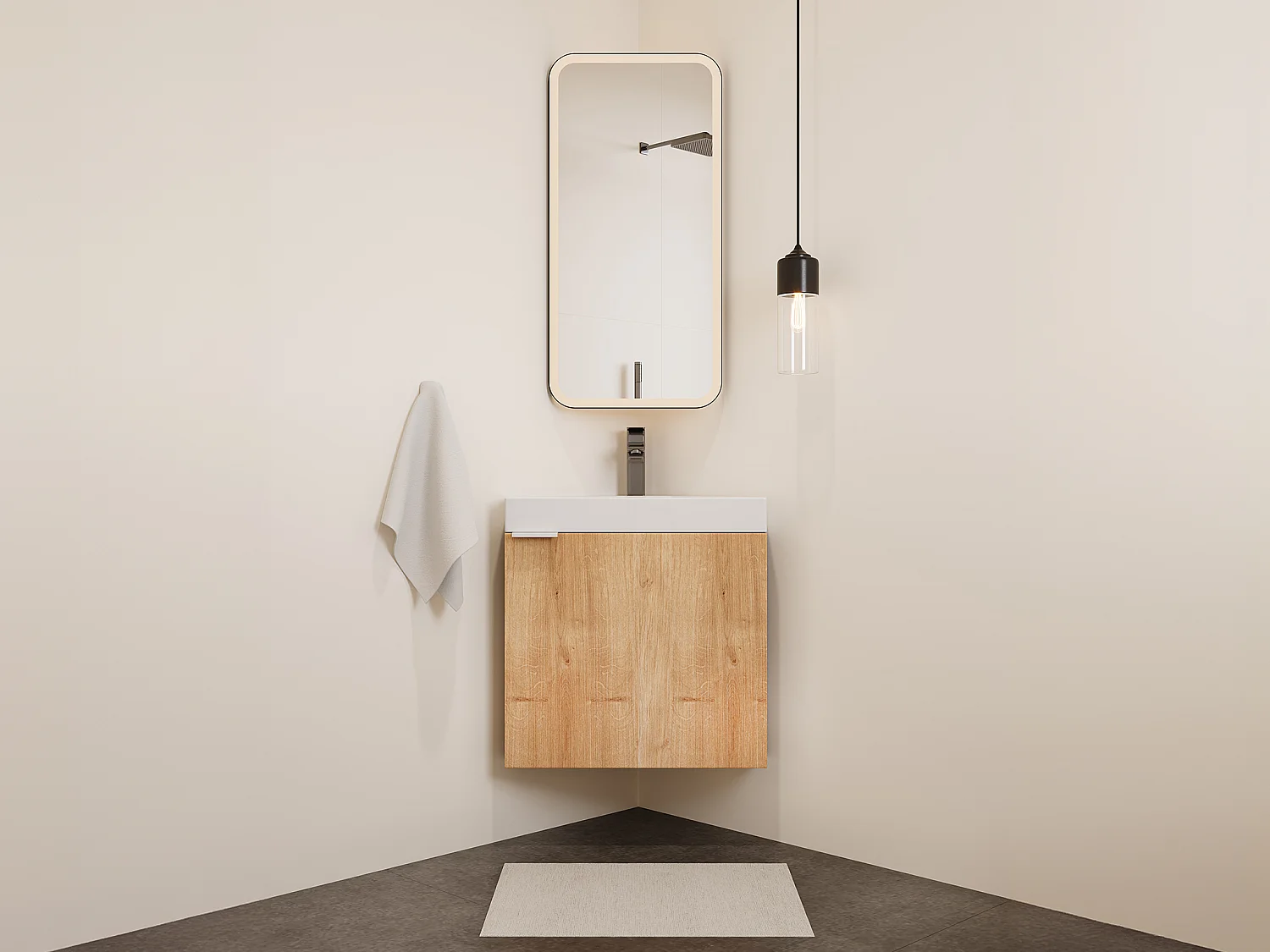Zwevend toiletmeubel in lichte houtlook voor een hoek, met wastafel L56 x H50 x D39 cm, MANODO