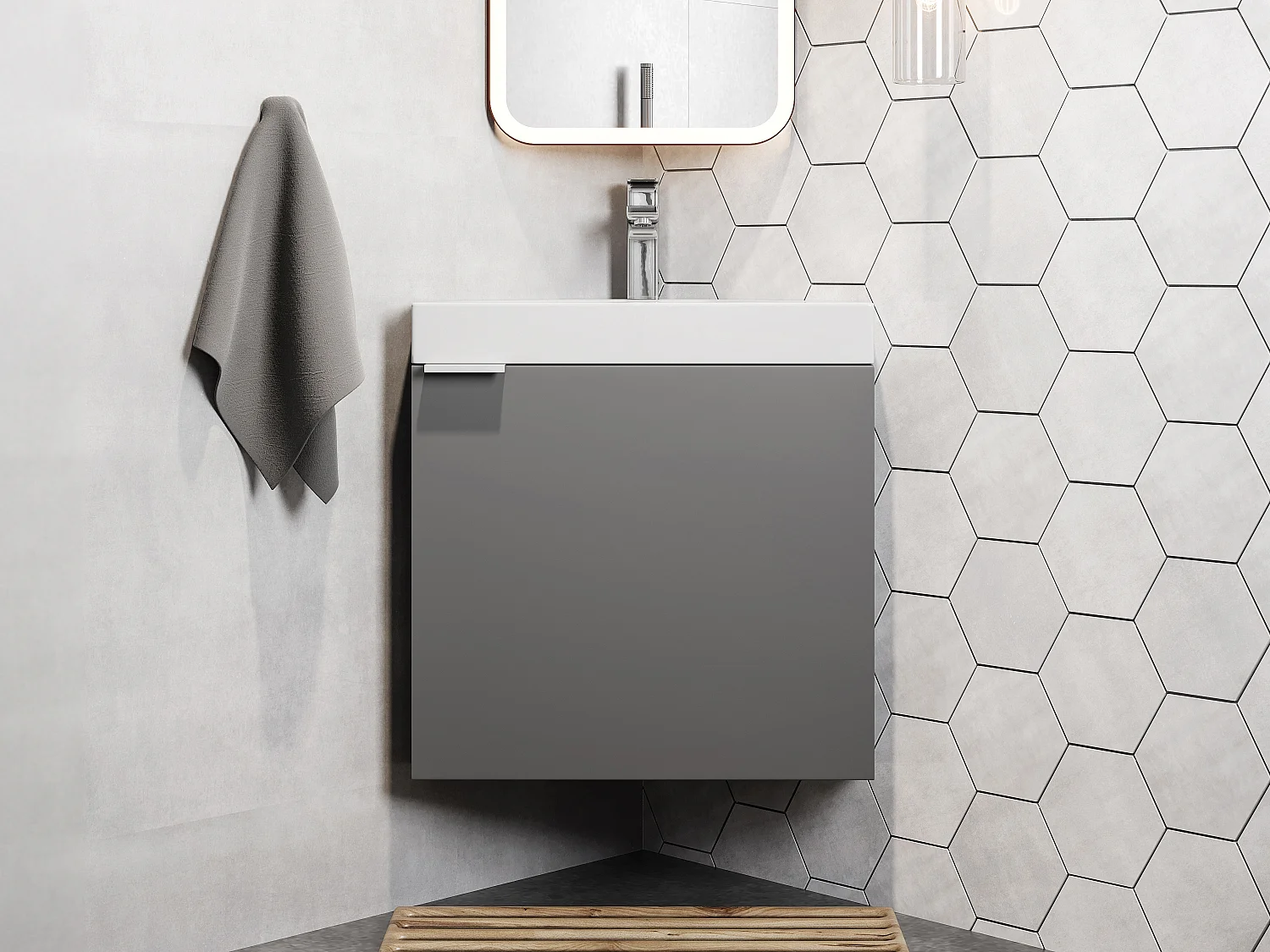 Zwevend, matgrijs toiletmeubel voor een hoek met wastafel L56 x H50 x D39 cm, MANODO