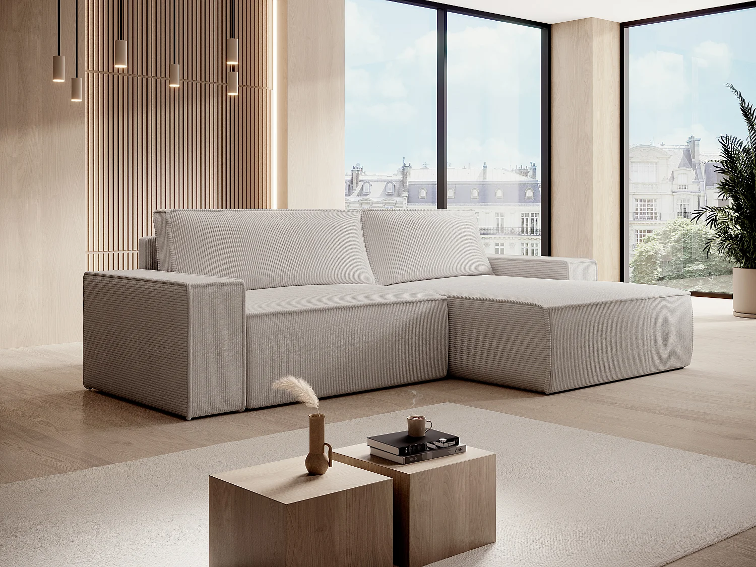 Zitbank met rechtse hoek in beige ribfluweel 4 plaatsen AMELIA