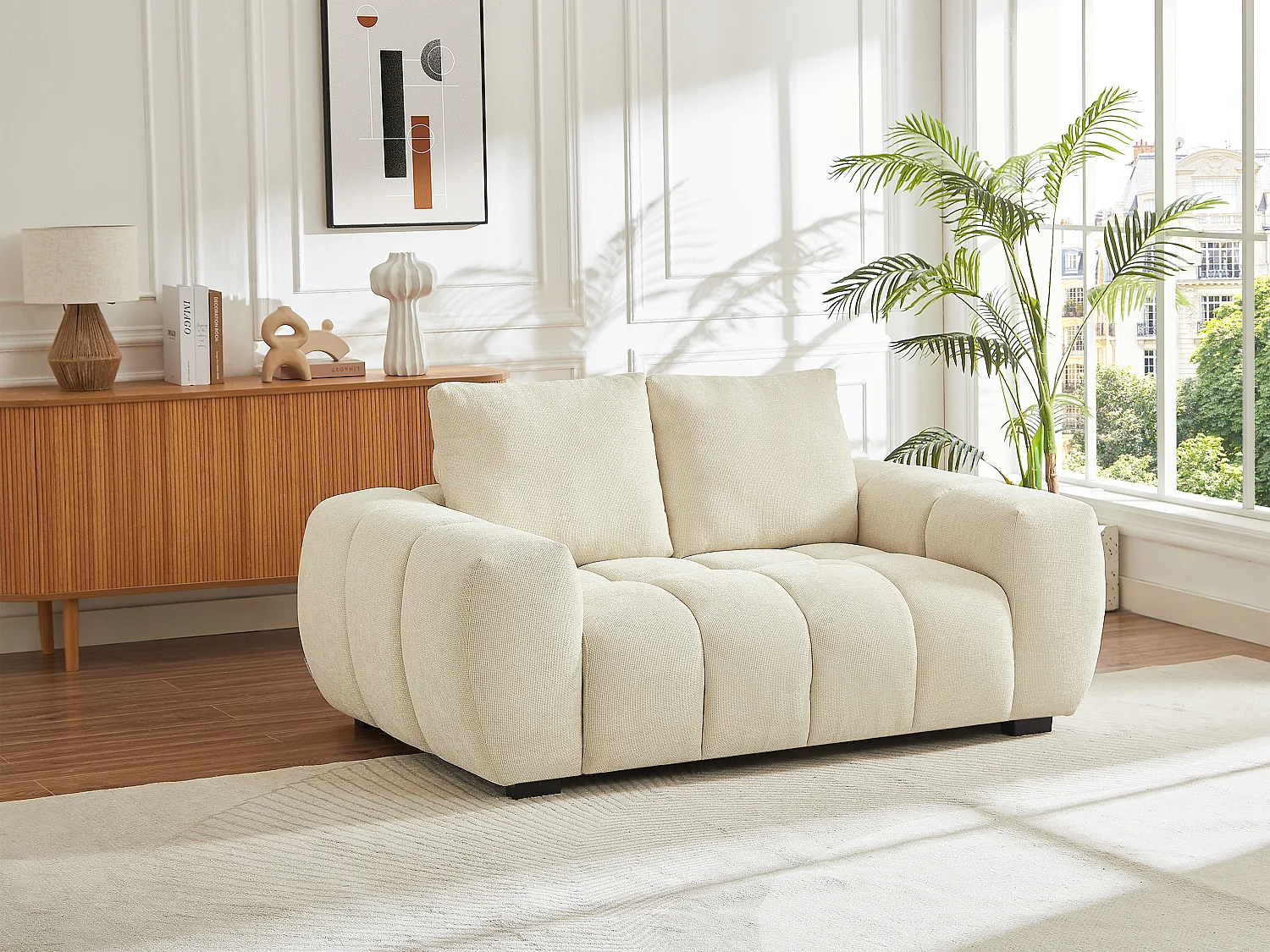 Zitbank 2 plaatsen in beige stof met gewatteerd effect en een modern design BERENIA