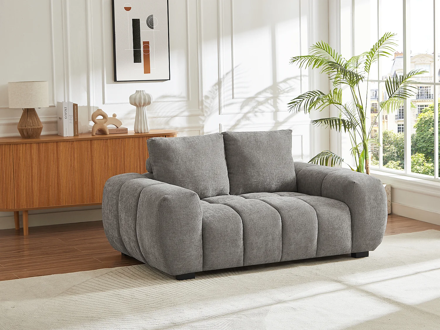Zitbank 2 plaatsen in grijze stof met gewatteerd effect en een modern design BERENIA