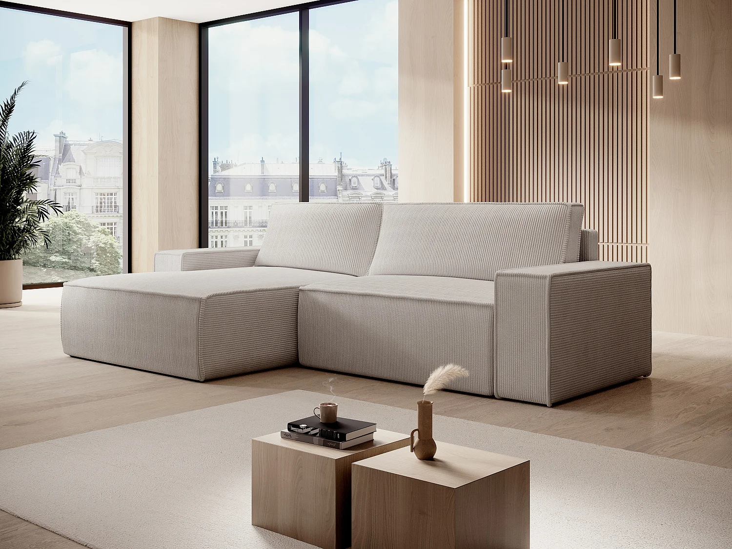 Zitbank met linkse hoek in beige ribfluweel 4 plaatsen AMELIA