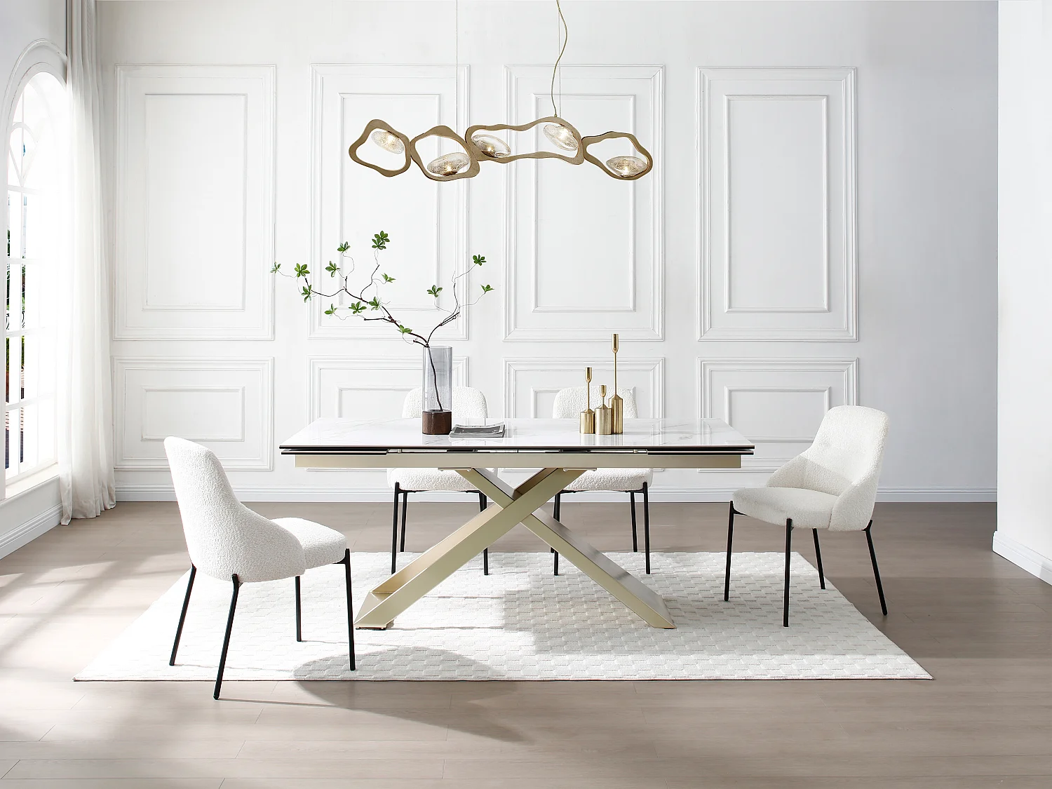 Verlengbare eettafel 6 tot 10 plaatsen van keramiek en gehard glas – Wit marmereffect – XERENA