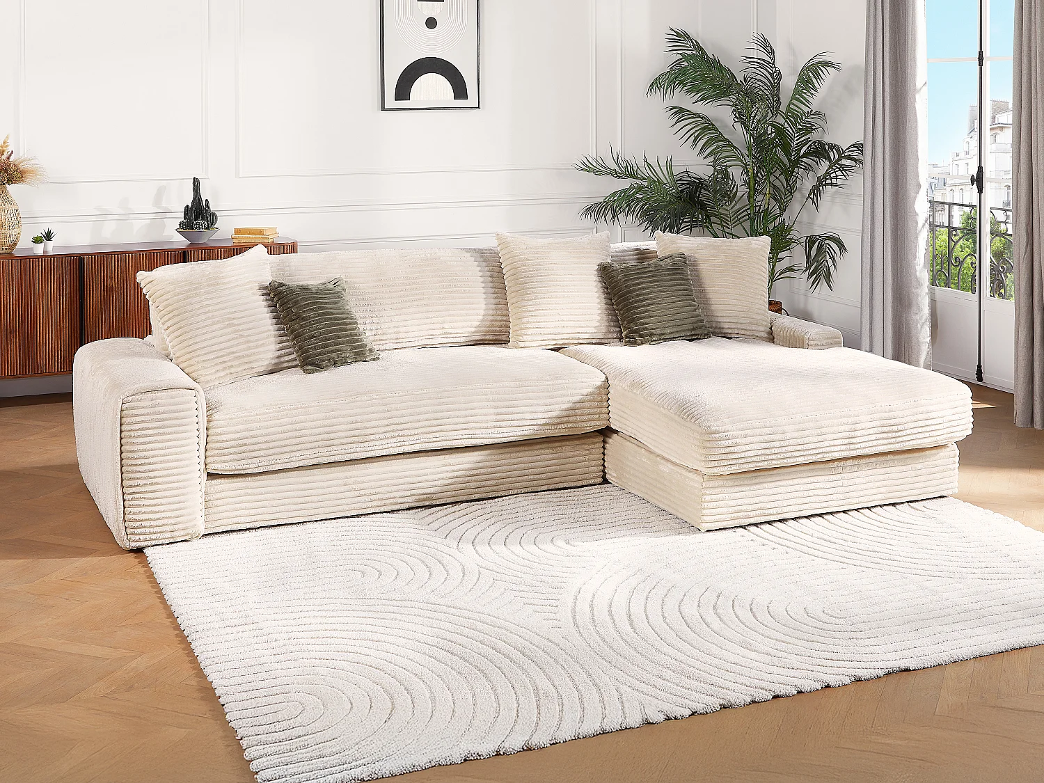 Zitbank met rechtse hoek in beige, breed geribbeld fluweel CALAZO van Pascal Morabito