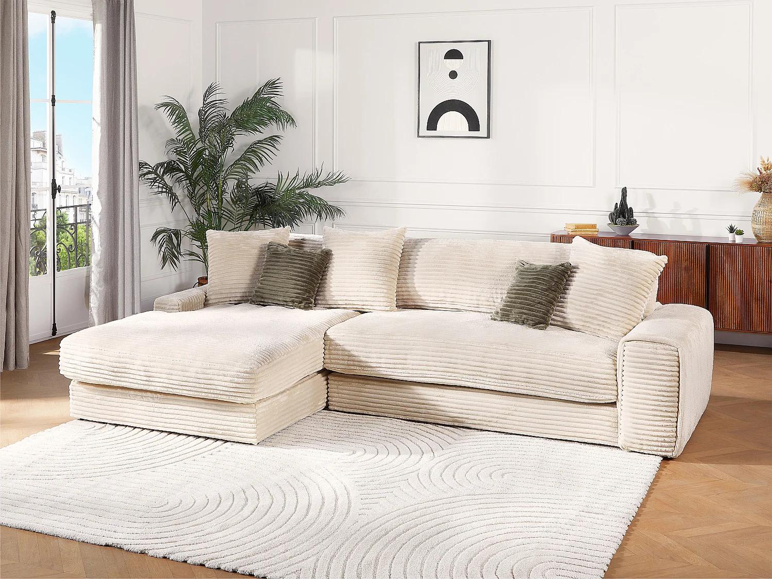 Zitbank met linkse hoek in beige, breed geribbeld fluweel CALAZO van Pascal Morabito