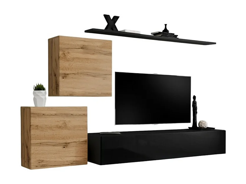 Composition murale SWITCH V – Meubel voor TV en zwevende blokken – Glanzend zwart en Wotan eiken – Modern ontwerp