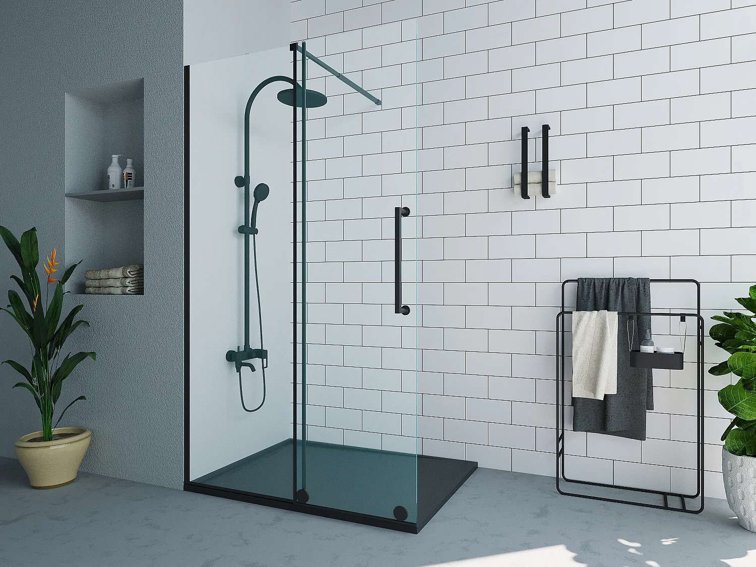 Italiaanse douchewand, mat zwart, met industriële stijl, 140 x 200 cm, gehard glas, YOREM