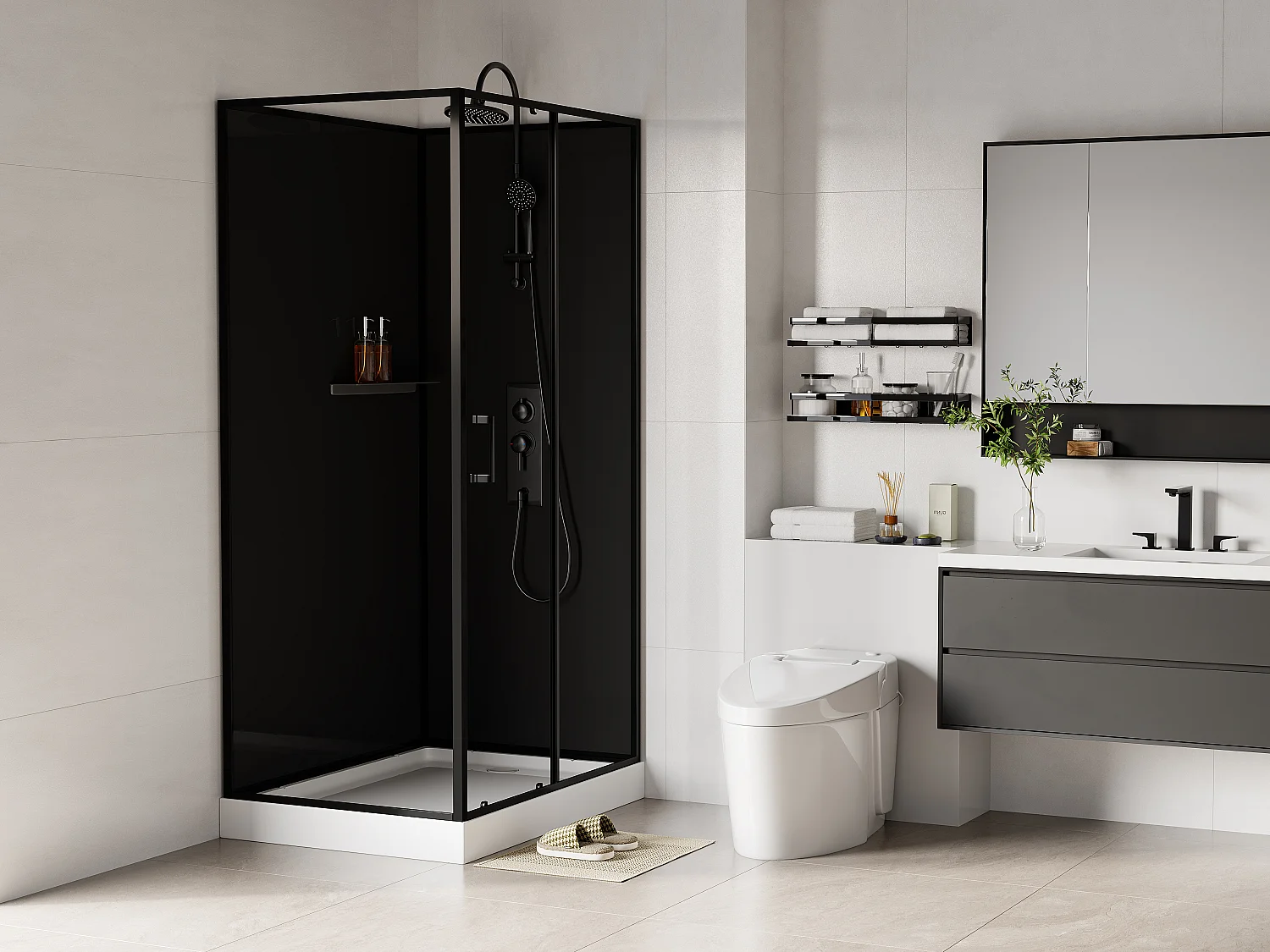 Omkeerbare hoekdouchecabine, zwart, L110 x B80 x H225 cm, ZODANI