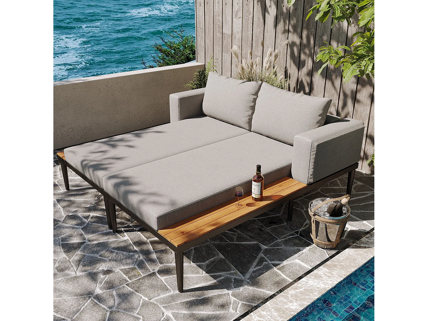 Zonnebank voor buiten, chaise longue voor buiten, waterdichte multifunctionele slaapbank, dubbele chaise longue met plank