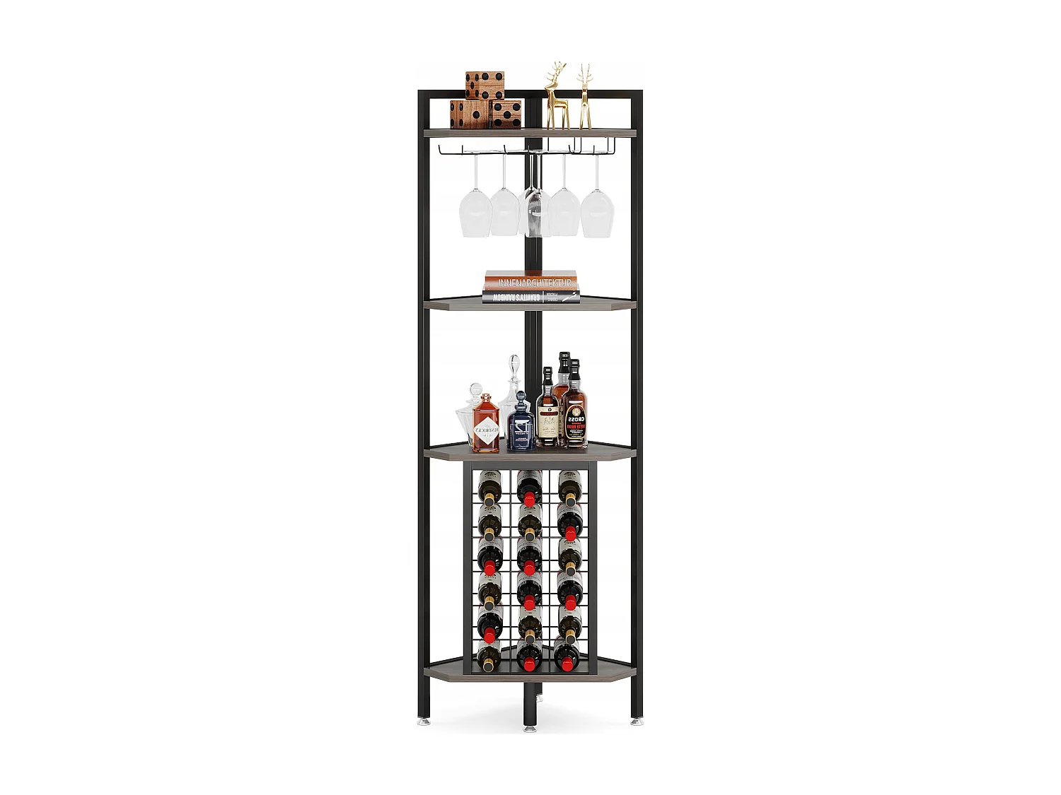 Wijnrek, hoekwijnrek met glazenhouder en opbergplanken, wijnrek voor wijnbar, keuken, eetkamer, grijs
