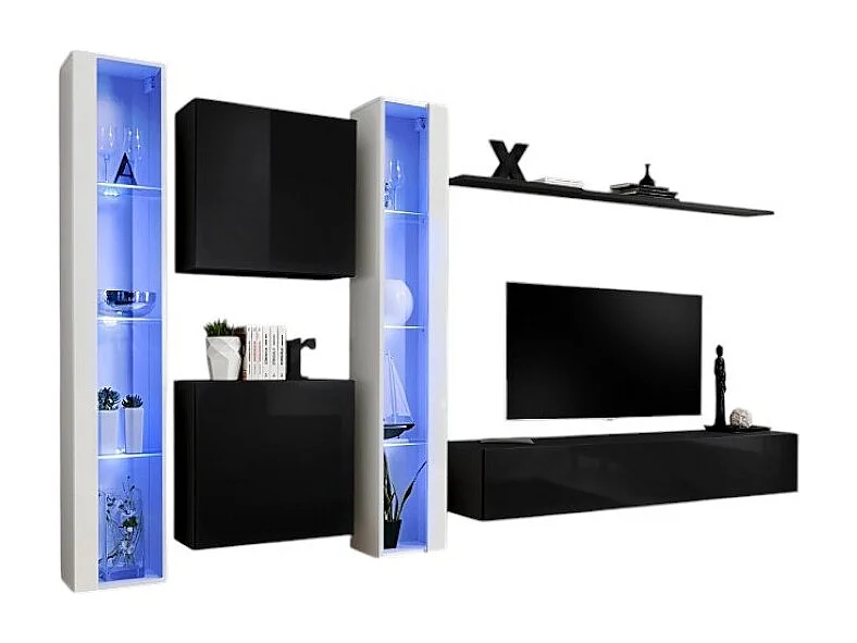Composition murale SWITCH XVI – Tv-meubel, LED-vitrines, kubussen en plank – Zwart en glanzend wit – Modern ontwerp