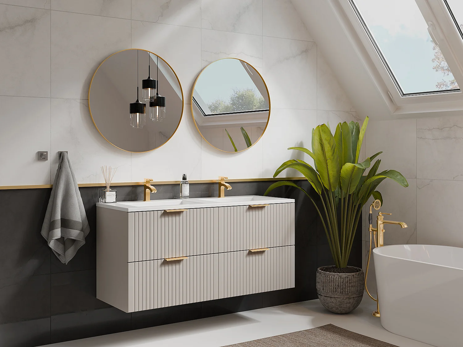 Beige gestreept hangmeubel voor badkamer met inbouwwastafel, 120 cm, ZEVARA