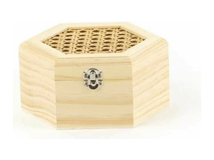 Zeshoekige houten doos met rieten deksel – 16,5 x 14 x 80 cm