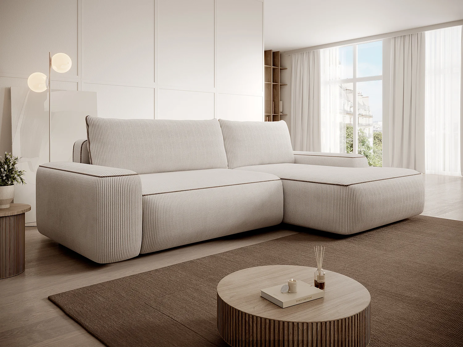 Hoekslaapbank met hoek rechts van beige ribfluweel ZOMELA