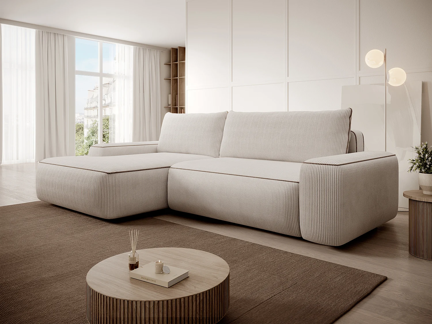 Hoekslaapbank met hoek links van beige ribfluweel ZOMELA