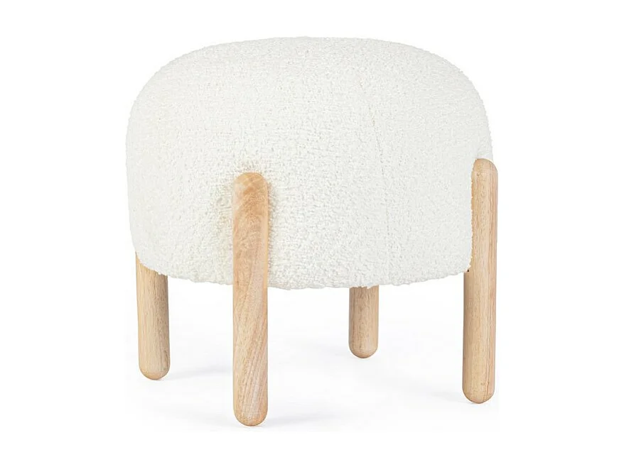 Witte poef met bouclé-effect en rubberhouten poten – DAYLA