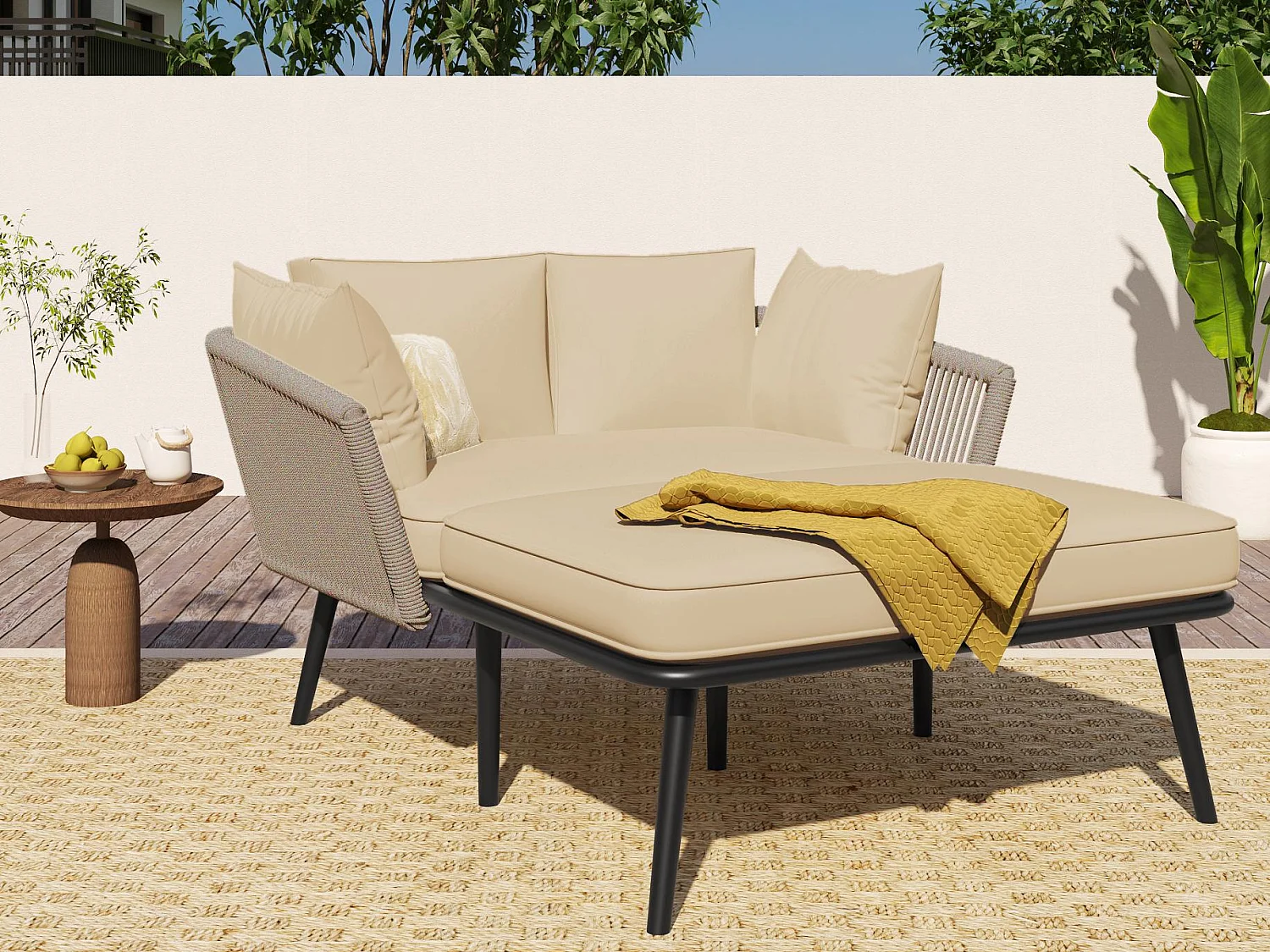 Zonnebad, tuinsofa – in verzinkt staal en gevlochten touw – 2 plaatsen – Kaki