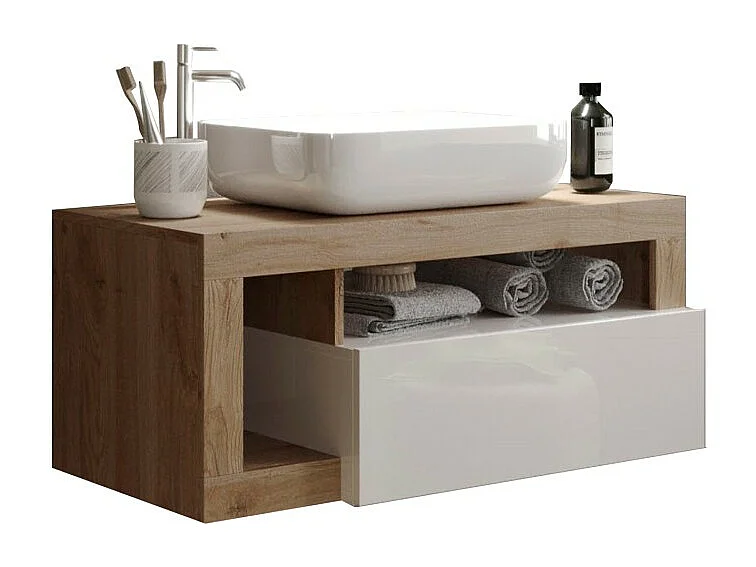 Badkamermeubel hangend met wastafel en lade, lengte 79cm, collectie BURA, kleur hoogglans wit en licht eiken