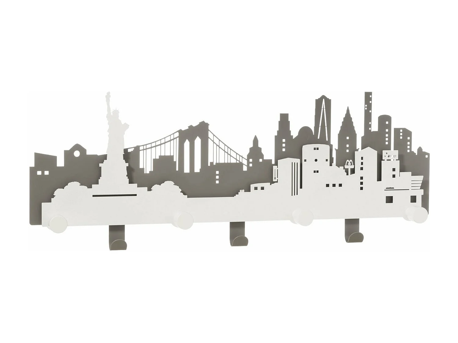 Wandkapstok NYC skyline, 78×30 cm, gemaakt van ijzer met houten knoppen, modern stedelijk design, ideaal voor hal of slaapkamer, Gemaakt in Italië
