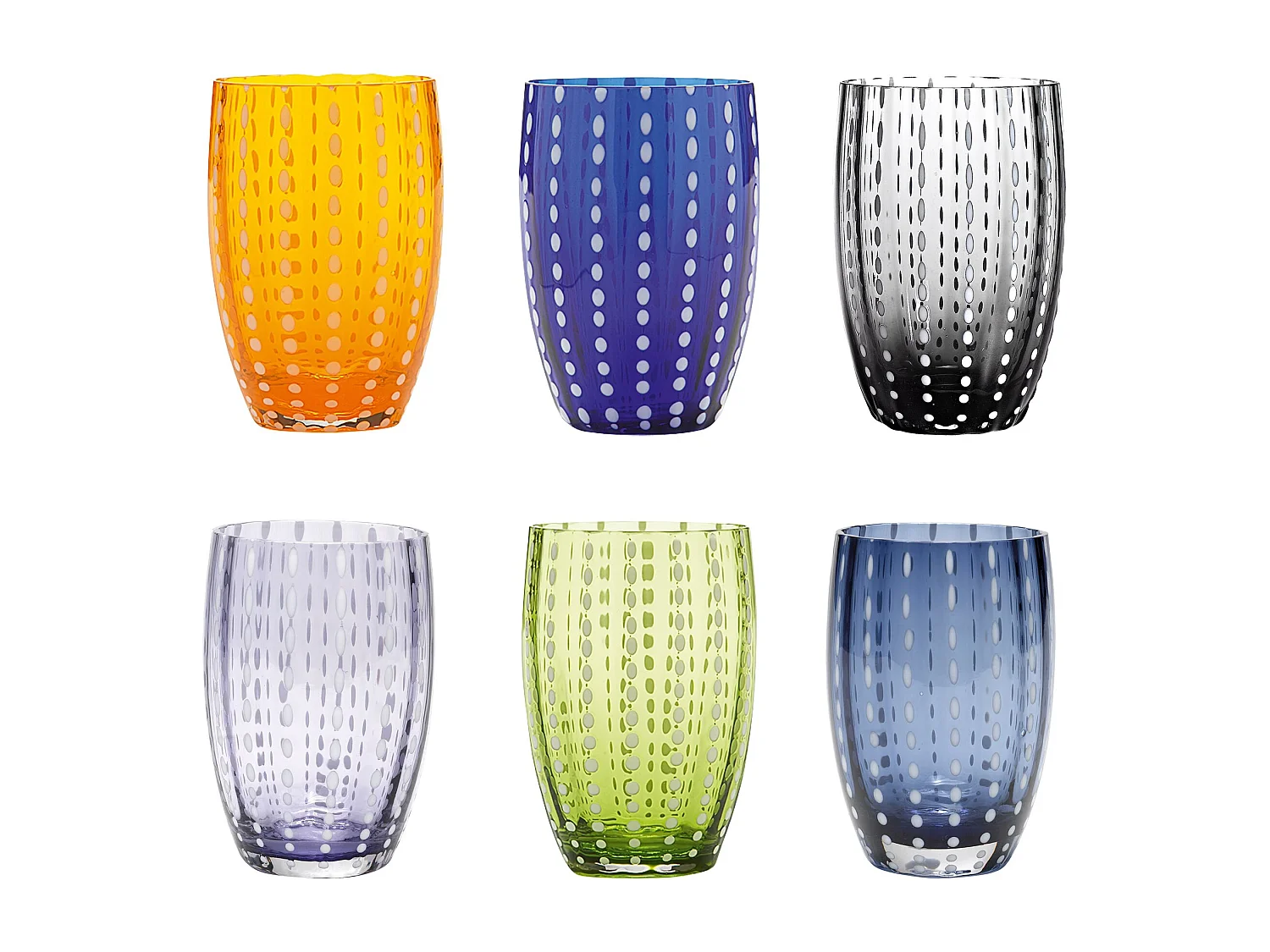 Zafferano Perle Couleurs Mélangées 1 – lot de 6 verres soufflés bouche 32cl, faits main, artisanaux, pour eau ou cocktails