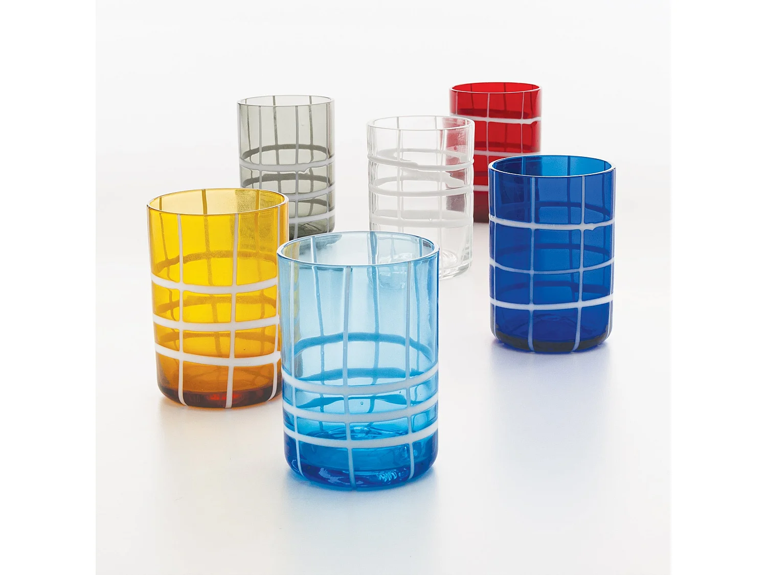 Zafferano Twiddle – Lot de 6 verres en verre soufflé coloré, 35 cl – Verres faits main avec décoration blanche, lavables au lave-vaisselle