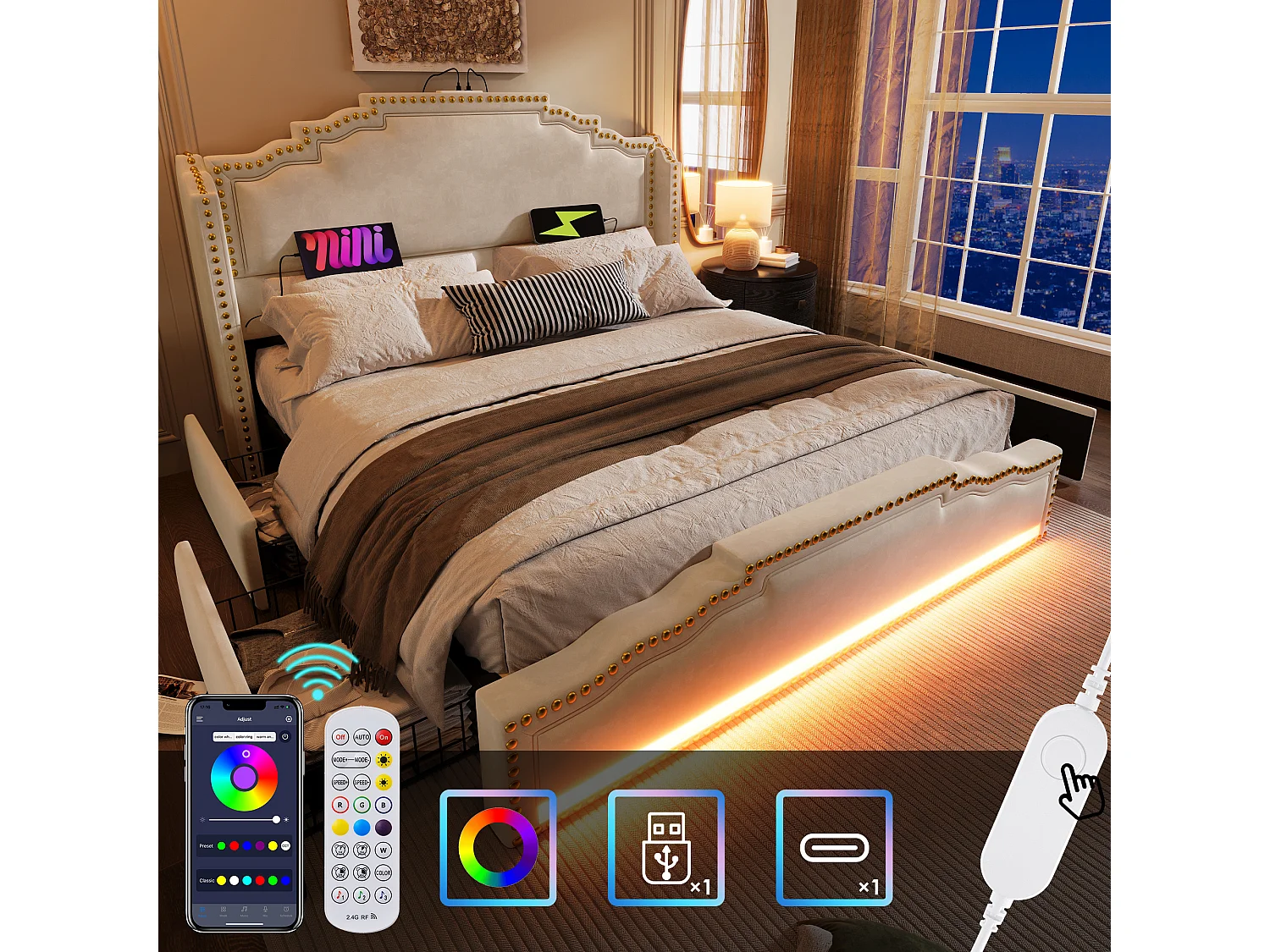 Volwassenenbed 160×200 cm met 4 lades, multicolor LED en USB type-C, fluweel beige, zonder matras