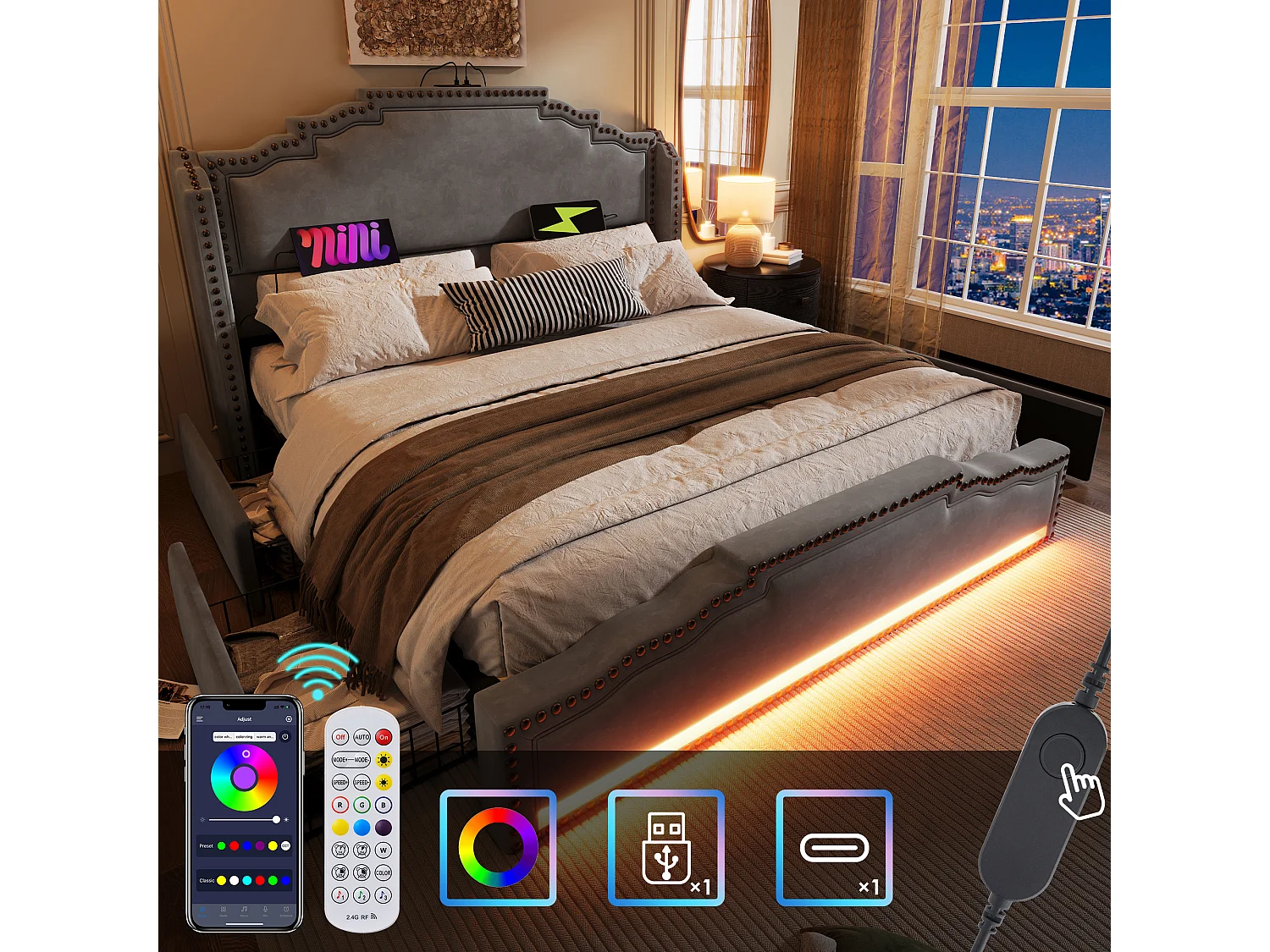 Volwassenenbed 180×200 cm met 4 lades, multicolor LED en USB type-C, fluweel grijs, zonder matras