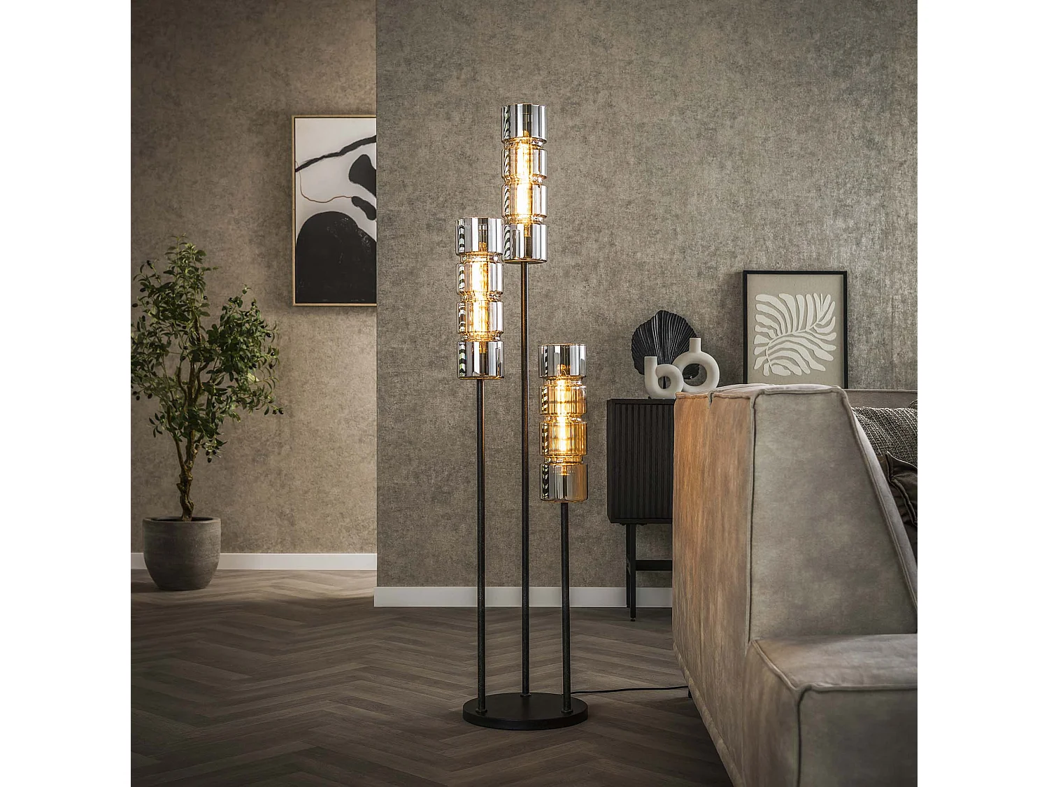 Vloerlamp 3L Getrapt Cylinder Glas – Artic Zwart
