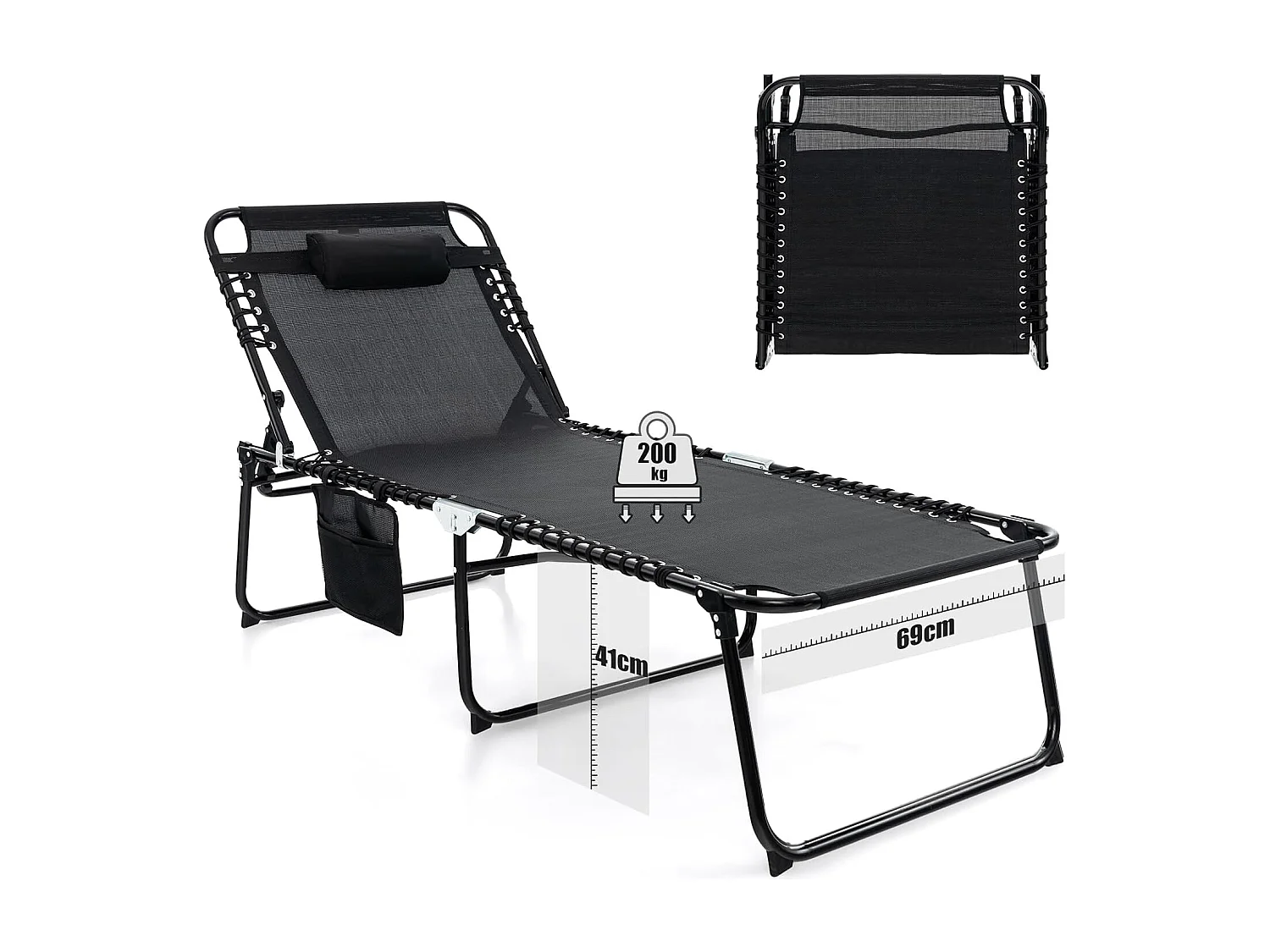 Zonneligstoel met hoofdsteun en zijzak, hoge zithoogte, 69 cm breed, inklapbare ligstoel met verstelbare rugleuning, strandstoel, ligstoel voor tuin (zwart)ZB33922