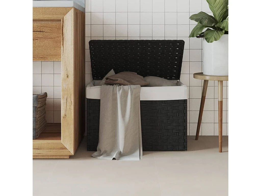 Zwarte Wasmand 55,5x35x34 cm van Gevlochten Hars met Deksel en Verwijderbare Binnenzak