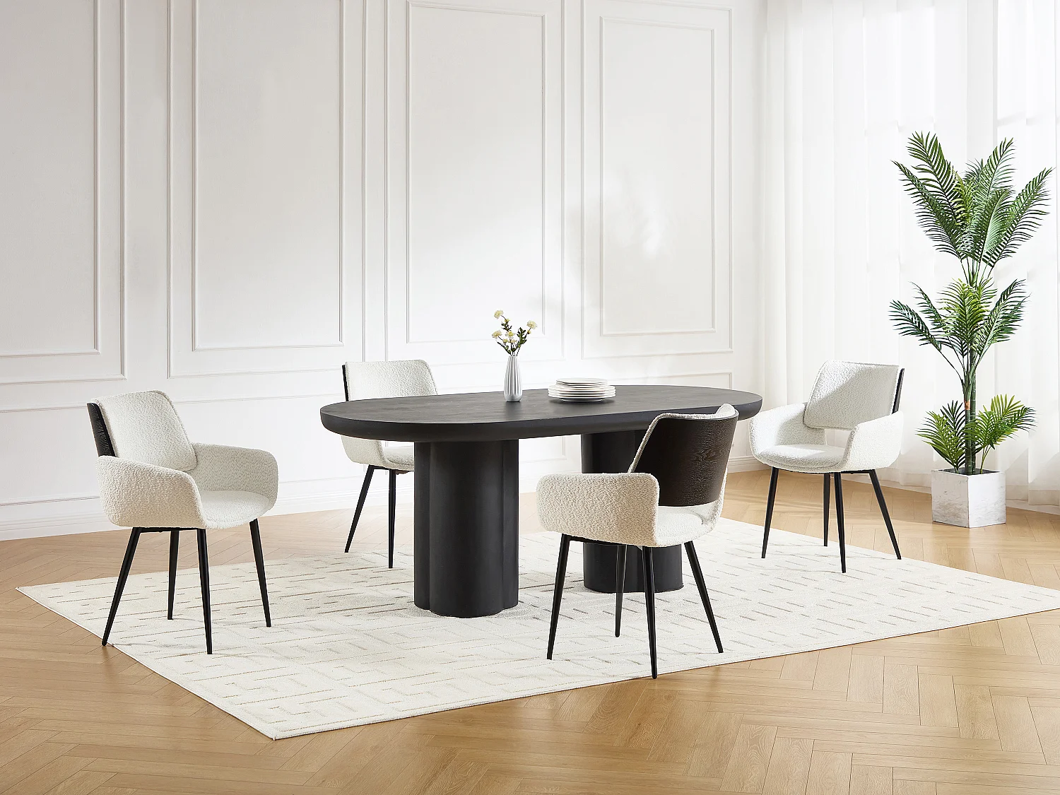 Set van 6 stoelen in boucléstof, essen fineer en zwart metaal – Wit – ZURIKIA
