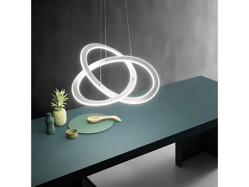 Lustre LED Yara 40W dimmable – anneau aluminium blanc, 4000K, 1900lm, LED intégrée, 57x120cm, style moderne, IP20