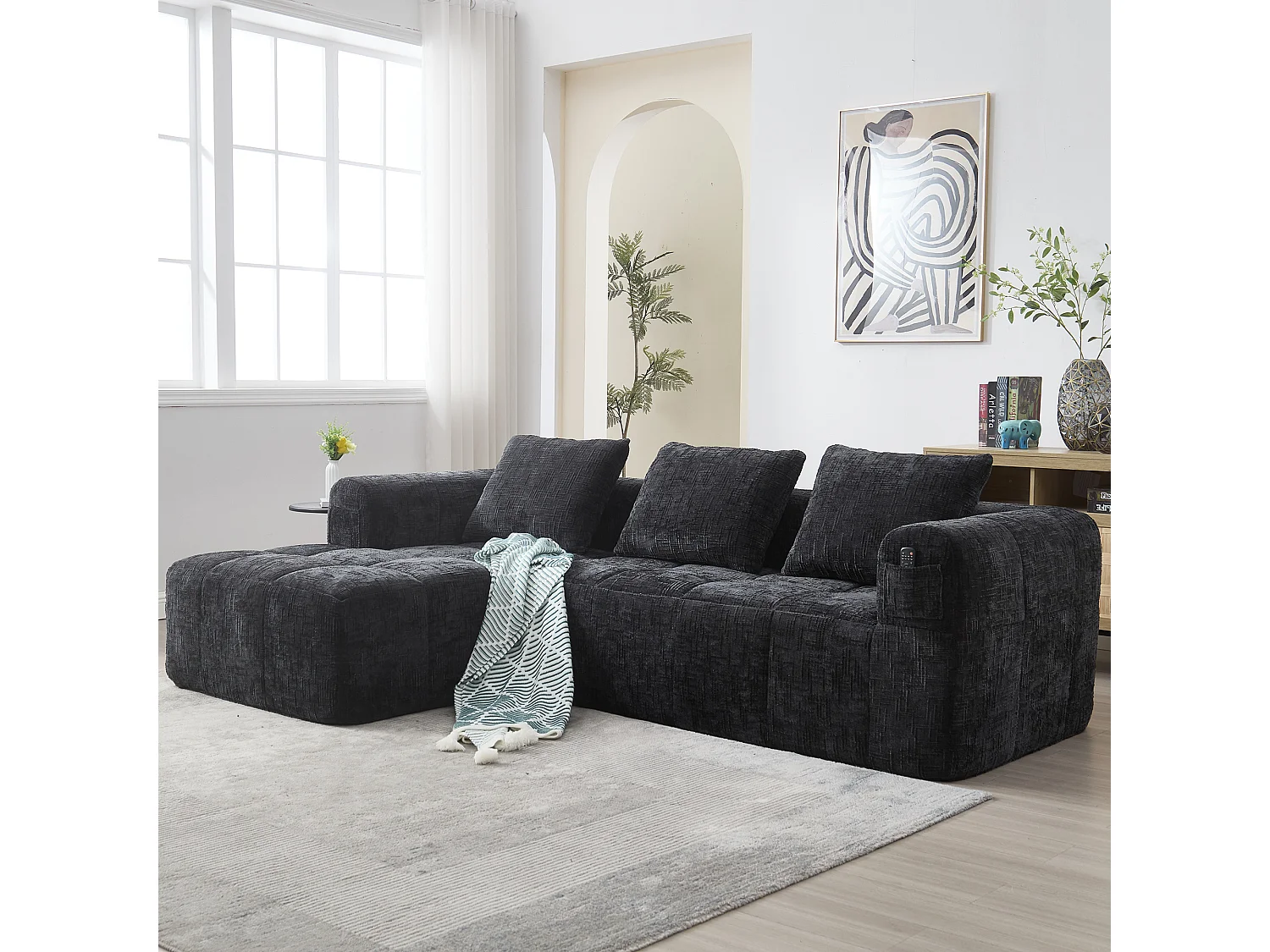 Zwarte hoekbank – met opbergvakken en 3 kussens – chenille – met chaise longue en armleuningen