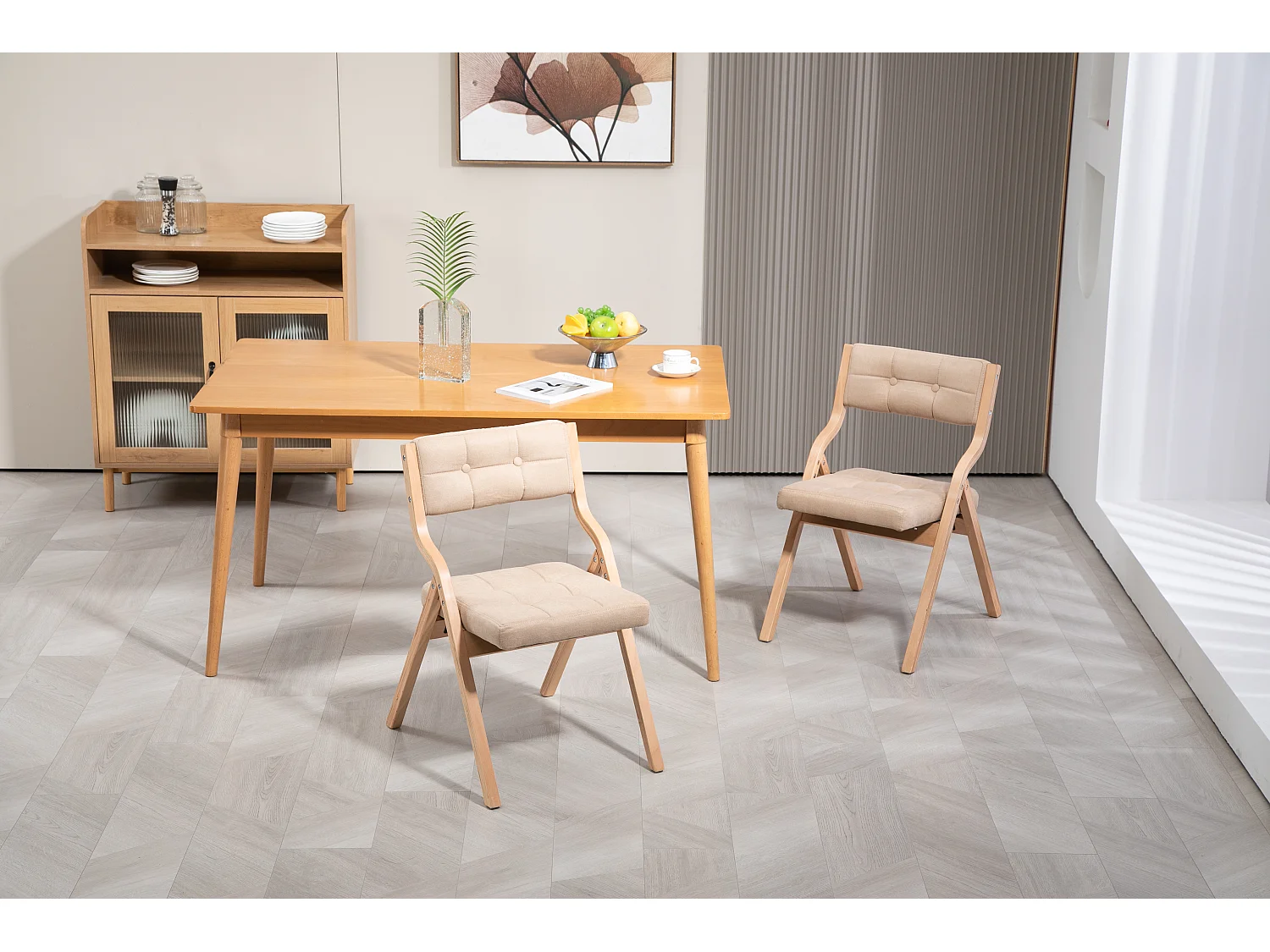 Set van 2 klapstoelen met kussen, houten klapstoelen, crème (61x48x77 cm)