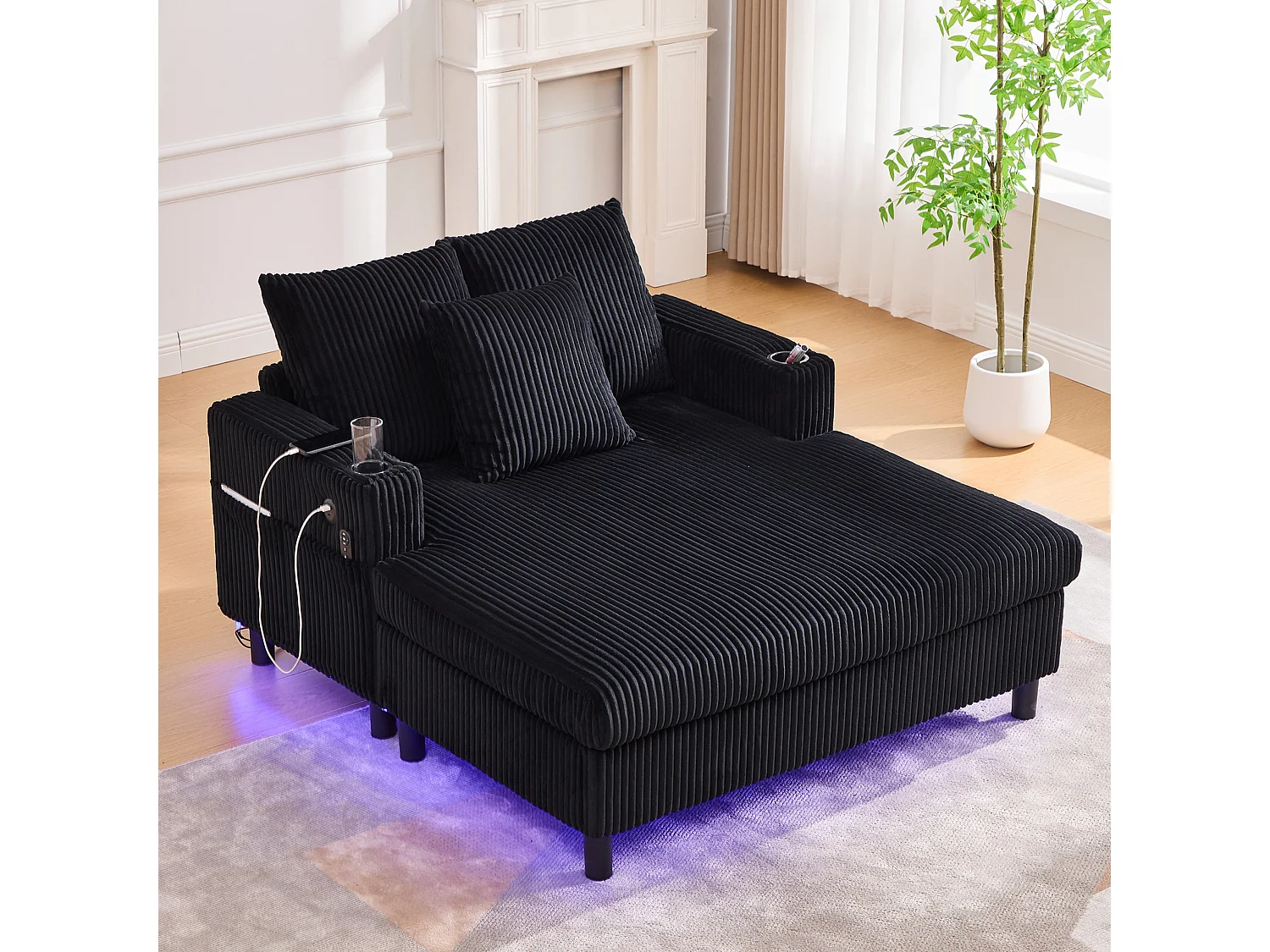 XXL fluwelen relaxbank met USB-aansluitingen, LED-verlichting en geïntegreerde armleuningen, zwart (126x56x26,5cm)